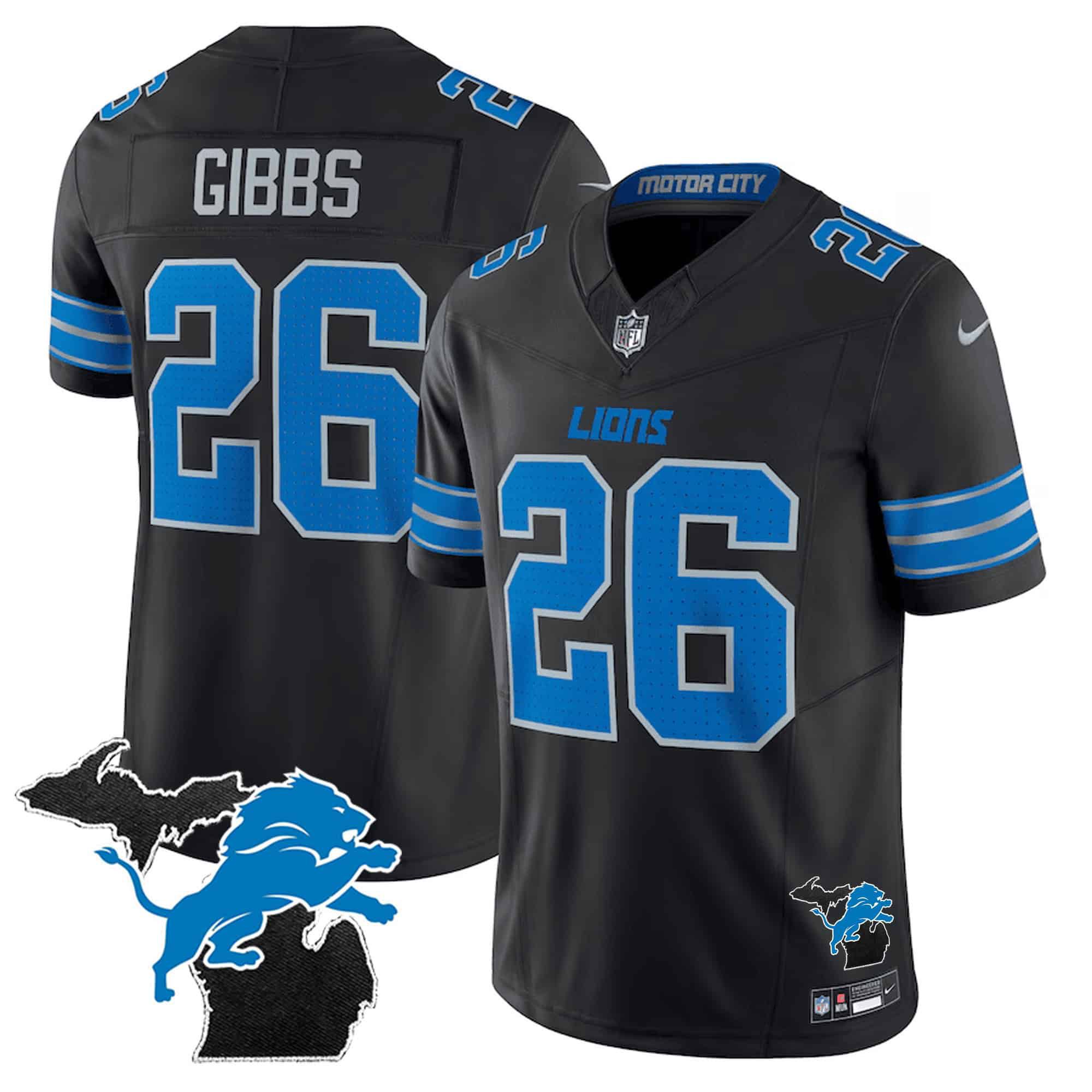 Men Detroit Lions #26 Gibb Black 2024 Nike Michigan Patch Vapor Limited NFL Jersey style 1